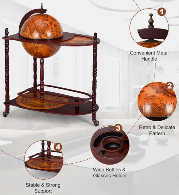 Vintage Globe Bar Cart Wine Liquor Cabinet with Wheels β Wood Finish