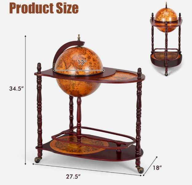 Vintage Globe Bar Cart Wine Liquor Cabinet with Wheels β Wood Finish